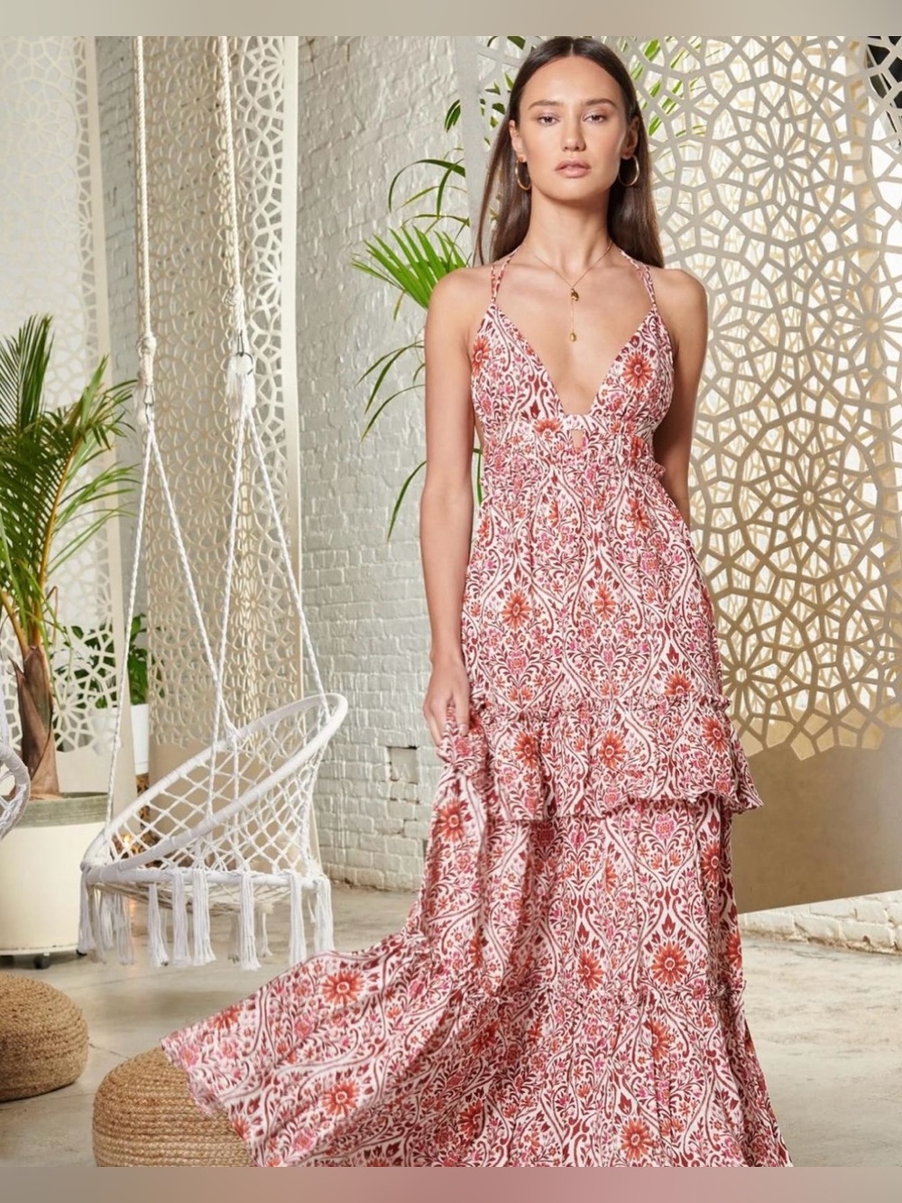 Fall Dress -Cami NYC Dusty Rose Floral Print V-Neck Tiered Maxi Dress
